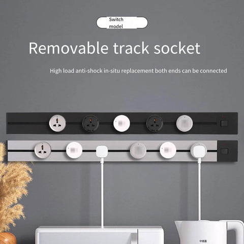 Top Tier Wall Mounted Power Strip With Smooth Sliding Track Outlets And Dead Simple Twist Switches Featuring Bright Led Indicators For Zero Drilling Hassle And Fast Kitchen Setup, dual-color rail with multiple outlets.