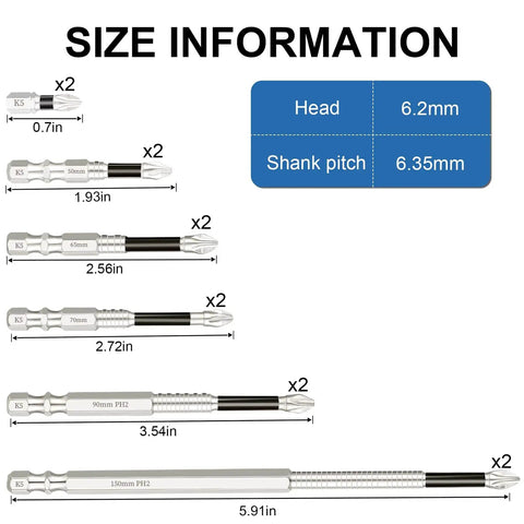 Diagram showing sizes of 12-Piece High Magnetic Screwdriver Drill Bit Set With Non-Slip, Impact-Resistant Bits Including 25, 50, 65, 70, 90, 150mm