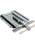 Heavy Duty Adjustable Woodworking Vise For Custom Workbenches Up To 23 Inches Thick with silver steel body and wooden handle.
