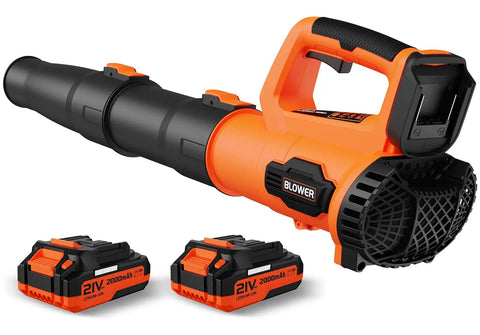 Cordless Leaf Blower 21V with dual 2.0Ah batteries and fast charger, lightweight design for yard work and outdoor cleanup.