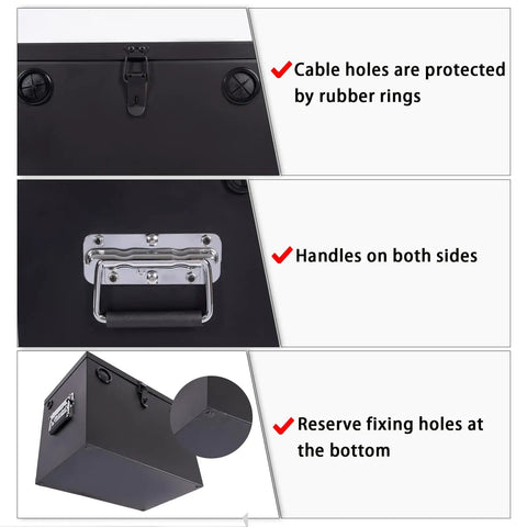 Built Tough Steel Battery Box Enclosure Fits 12V Deep Cycle Groups 24 And 27 with cable holes, handles, and fixing holes.