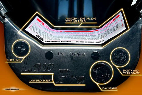 Inner view of Black ANSI Z89 1 Type I Class G Hard Hat with Low Profile Fit showing certification and liner details.