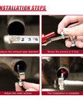 YoRise car exhaust whistle, red aluminum alloy; installation steps showing pipe diameter measurement and tightening screws.