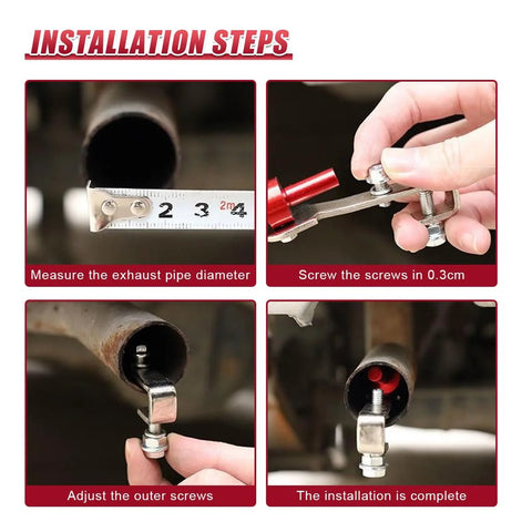 YoRise car exhaust whistle, red aluminum alloy; installation steps showing pipe diameter measurement and tightening screws.