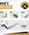 Trash Chute ADA L Handle With V Spindle Universal Fit For Laundry And Linen Doors No Fuss Install Bottom And Side Hinged Doors Handicap Accessible Chrome Locking Knob Hardware showing chrome handle, keys, spindle, screws.