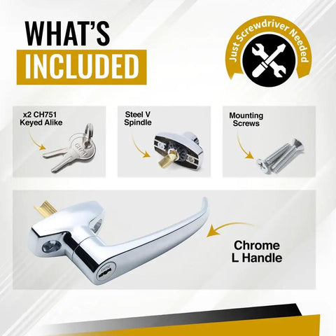 Trash Chute ADA L Handle With V Spindle Universal Fit For Laundry And Linen Doors No Fuss Install Bottom And Side Hinged Doors Handicap Accessible Chrome Locking Knob Hardware showing chrome handle, keys, spindle, screws.