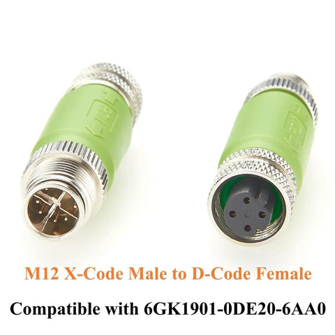 M12 X Code Male To M12 D Code Female Shielded Ethernet Adapter 100Mbps Cat5e for industrial IP67 waterproof use, green casing