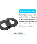 M10 Flat Washer Set Beefy Black Oxidized Carbon Steel 10 Pcs with material details and two washers shown