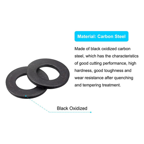 M10 Flat Washer Set Beefy Black Oxidized Carbon Steel 10 Pcs with material details and two washers shown