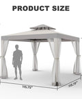 Spacious 10 By 10 Patio Gazebo With Mosquito Netting And Double Roofs Perfect For Backyard Parties And Weekend Hangouts Easy Setup Canopy Shelter For Lawn Use Gray 10x10 Outdoor Garden Shelter shown with size dimensions.