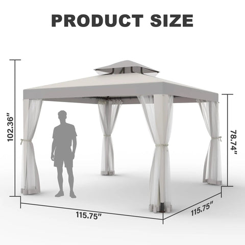 Spacious 10 By 10 Patio Gazebo With Mosquito Netting And Double Roofs Perfect For Backyard Parties And Weekend Hangouts Easy Setup Canopy Shelter For Lawn Use Gray 10x10 Outdoor Garden Shelter shown with size dimensions.