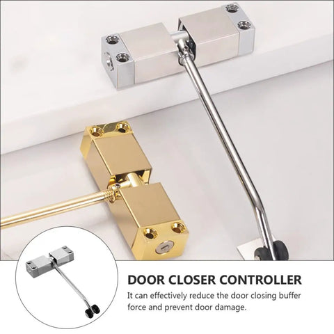 Automatic Door Closer For Home And School, Self Closing Door Mechanism Built From Aluminum Alloy And Cold Rolled Steel shown in silver and gold