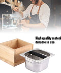 Top Shelf Stainless Steel Coffee Knock Box With Solid Wood Base Massive Grounds Bin showing durable materials and design.