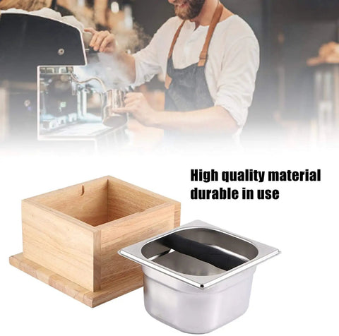 Top Shelf Stainless Steel Coffee Knock Box With Solid Wood Base Massive Grounds Bin showing durable materials and design.