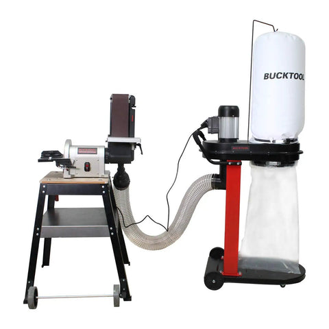 Auto Start Dust Collector Featuring 1.2 HP Motor And 750 CFM Airflow Ships With 5 Ft Flexible Hose setup beside a woodworking machine.