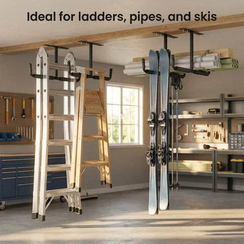 Overhead Ceiling Hooks Rack Heavy Duty Steel Storage Hangers For Garage And Workshop Holds Up To 80 Lbs with ladders and skis