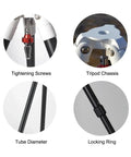 Rock Solid Telescope Mount Stand For Planetary Imaging With Ergonomic Viewing Height Two Section Tripod Three Eighths Inch Interface And Heavy Duty Fifteen Kilogram Load Capacity Easy Setup For Stable Night Sky Viewing showing tightening screws, tripod chassis, tube diameter, and locking ring details