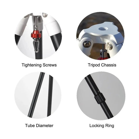 Rock Solid Telescope Mount Stand For Planetary Imaging With Ergonomic Viewing Height Two Section Tripod Three Eighths Inch Interface And Heavy Duty Fifteen Kilogram Load Capacity Easy Setup For Stable Night Sky Viewing showing tightening screws, tripod chassis, tube diameter, and locking ring details