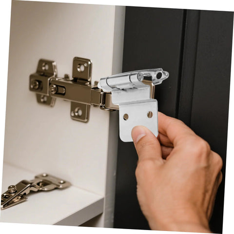 VOSAREA inset cabinet hinge, self-closing, chrome metal finish, 8-piece set, being installed on cabinet door.
