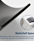 Roman Tub Faucet Matte Black Waterfall Filler close-up showing wide spout with waterfall flow for quick fill and modern design.