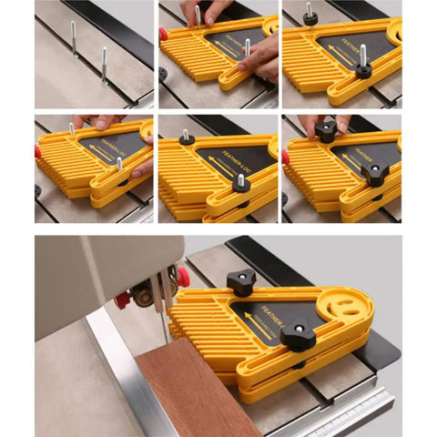 Extended Double Feather Loc Board Set For Router Tables And Table Saw Fences engineered tough, shown in use on various woodworking setups.