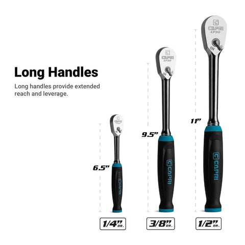 Fine 90-Tooth Ratchet Set With Ergonomic Soft Grip, long handled ratchets 1/4, 3/8, 1/2 inch drives
