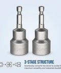 Two Piece Backup RV Jack Socket Drill Adapter With One Quarter Inch Quick Connect Hex Shank Compatible With Three Quarter Inch Or Nineteen Millimeter Hex Drive Jacks Premium Durable Material For Easy RV Leveling At Campsites Or On The Road, shown in steel with 19mm marking.
