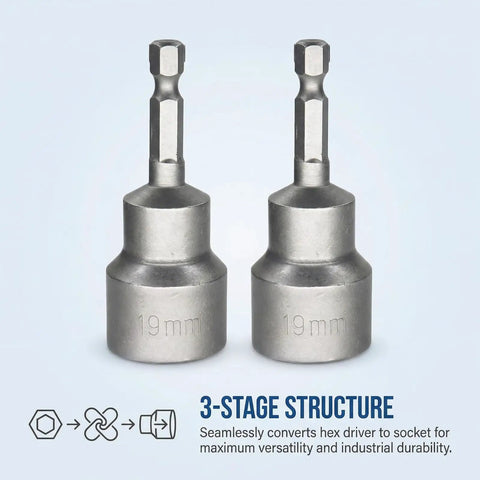 Two Piece Backup RV Jack Socket Drill Adapter With One Quarter Inch Quick Connect Hex Shank Compatible With Three Quarter Inch Or Nineteen Millimeter Hex Drive Jacks Premium Durable Material For Easy RV Leveling At Campsites Or On The Road, shown in steel with 19mm marking.