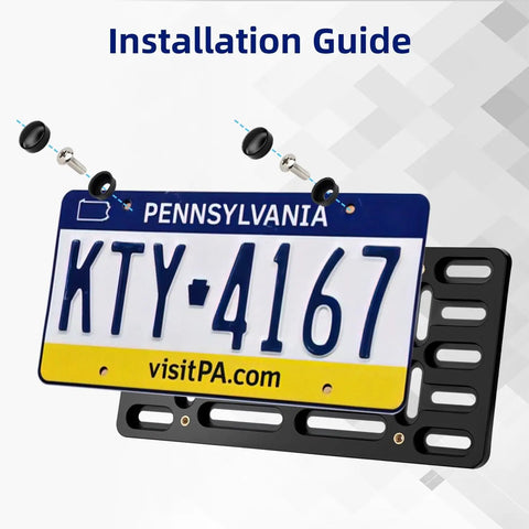 No Drill Front License Plate Mounting Kit Universal Bracket for Cars Trucks and SUVs shown with installation guide