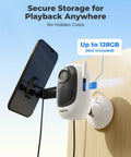 Solar Wireless Security Camera For Home 2K Clarity mounted on wall with microSD card slot and solar panel, no hub needed.