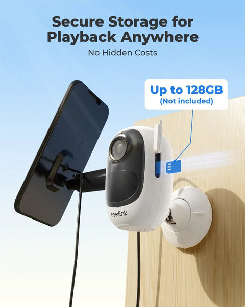 Solar Wireless Security Camera For Home 2K Clarity mounted on wall with microSD card slot and solar panel, no hub needed.