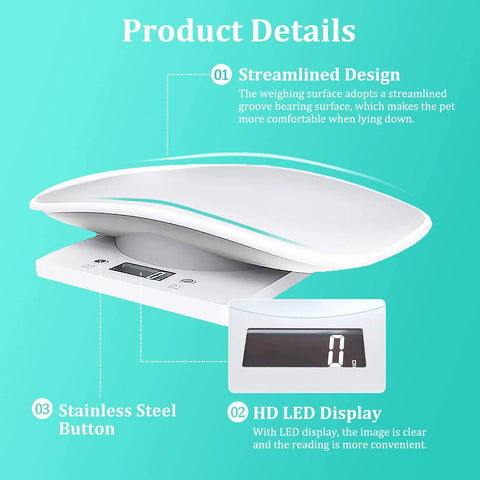 Streamlined portable mini pet scale with tray, LCD digital display, 22 lb capacity for small animals and kitchen use.