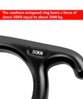 Close-up of 50kN marking on Beefy Rescue Figure Belay Device For Rock Climbing And Peak Rescue 50 kN Load Descent And Rappelling Gear Aluminum Magnesium Alloy Construction Lightweight Yet Sturdy Black