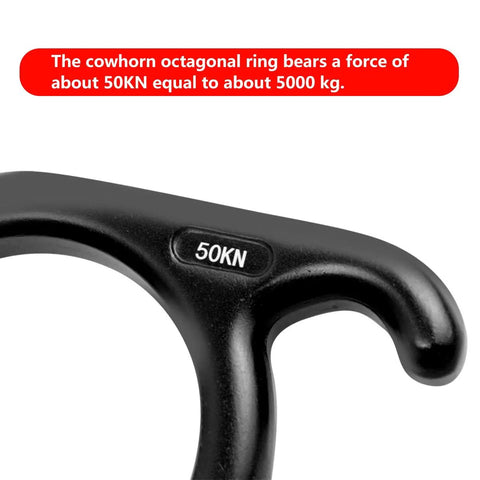 Close-up of 50kN marking on Beefy Rescue Figure Belay Device For Rock Climbing And Peak Rescue 50 kN Load Descent And Rappelling Gear Aluminum Magnesium Alloy Construction Lightweight Yet Sturdy Black