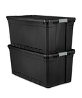Heavy Duty Workhorse Plastic Storage Totes 50 Gallon Bulk Nine Pack Featuring Secure Snap Latching Lids Stackable Bin Set stacked in black plastic with snap lids.