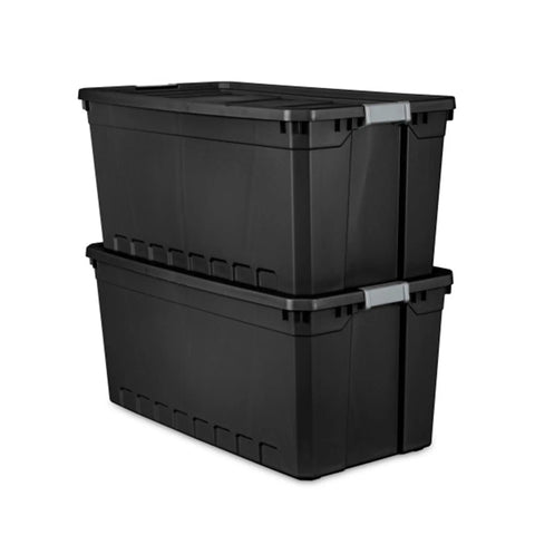 Heavy Duty Workhorse Plastic Storage Totes 50 Gallon Bulk Nine Pack Featuring Secure Snap Latching Lids Stackable Bin Set stacked in black plastic with snap lids.