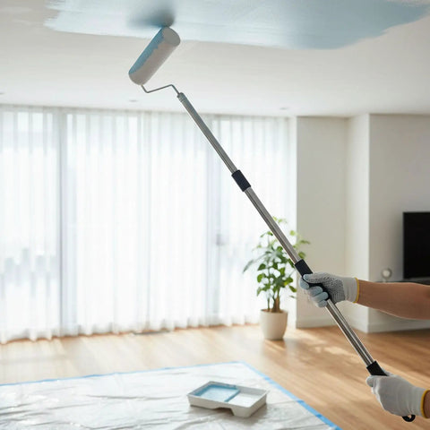 Premium Paint Roller Kit With Adjustable Stainless Steel Pole Effortlessly Reach High Walls And Ceilings Ladder Free Home Painting Projects Smooth Finish Weekend Warrior Approved Easy Setup in action painting ceiling.