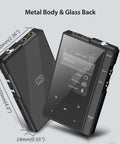 32GB MP3 Player With 90 Hours Battery Life, Bluetooth 5.0, rugged metal frame, 2.4 inch IPS display, showing interface and dimensions