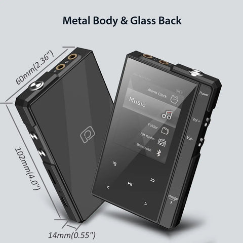 32GB MP3 Player With 90 Hours Battery Life, Bluetooth 5.0, rugged metal frame, 2.4 inch IPS display, showing interface and dimensions