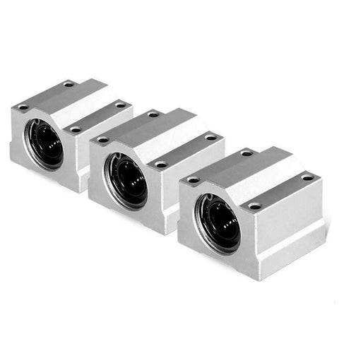 Beefed-Up Linear Motion Bearing Slides for CNC Parts and 3D Printers, SCS6UU to SCS20UU and SCS8LUU to SCS13LUU Range, Precision Machinery Rails, Smooth Ball Bearing Carriages for Accurate, Reliable Motion and Easy Upgrades. Three silver linear bearing blocks