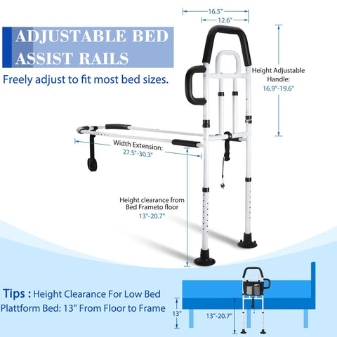 Easy Access Bed Rail For Seniors With No Slip Ergonomic Handle And Storage Pocket, adjustable height and width measurements