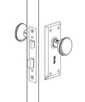 Illustration of Vintage Brass Door Knob Spindle Set With Satin Nickel Finish, Adjustable Square Drive, mounted on door