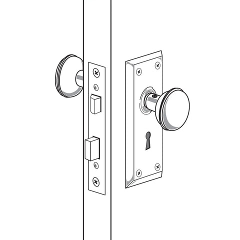 Illustration of Vintage Brass Door Knob Spindle Set With Satin Nickel Finish, Adjustable Square Drive, mounted on door