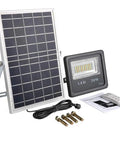 JUDYSSY Solar Flood Lights Led Solar Light set with solar panel, 20W LED floodlight, remote control, screws, and manual.