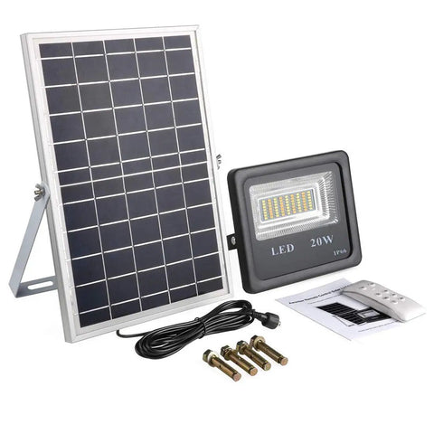 JUDYSSY Solar Flood Lights Led Solar Light set with solar panel, 20W LED floodlight, remote control, screws, and manual.