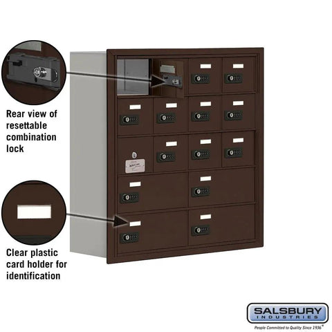 Recessed Cell Phone Locker Featuring Fifteen Spacious Compartments And Foolproof Resettable Combo Locks Built To Safely Stash Your Tech In Durable Bronze Finish For Everyday Hustle with clear card holder.