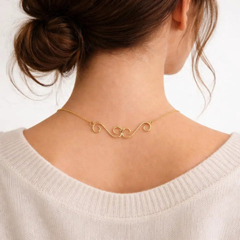 Woman wearing necklace with Set Of 4 S Hook Necklace Extenders With Gold And Silver Swirl Hooks Durable Metal Jewelry Extenders