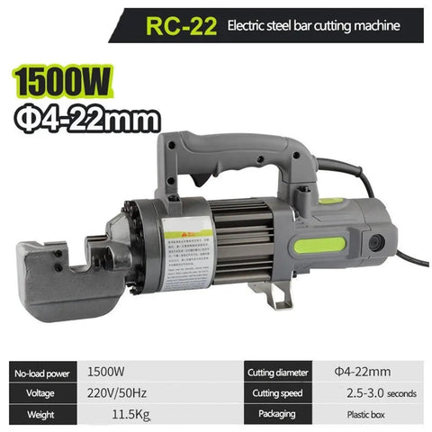 Electric Hydraulic Rebar Cutter For Steel Bars Fast Cutting Machine Cuts Four To Twenty Two Milli Meters Effortlessly with 1500W power.