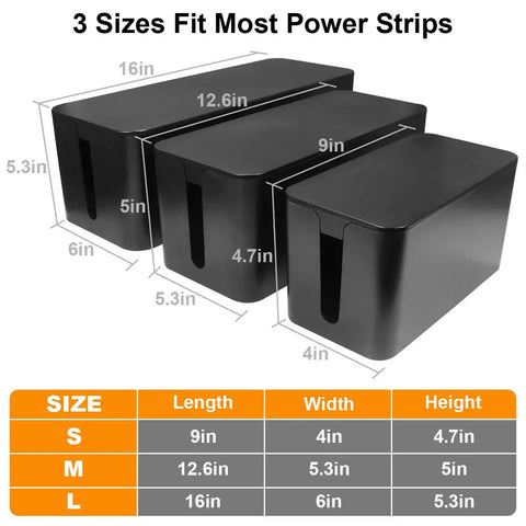 Three Pack Cable Management Box For Desk Large Medium Small Cord Organizer To Hide Power Strips And Wires Under TV And Computer