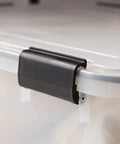 Legit Heavy Duty Stackable Storage Tote Bins 8 Pack 62.8 Quart Clear Black Plastic Gasket Boxes showing tight latching lid detail.